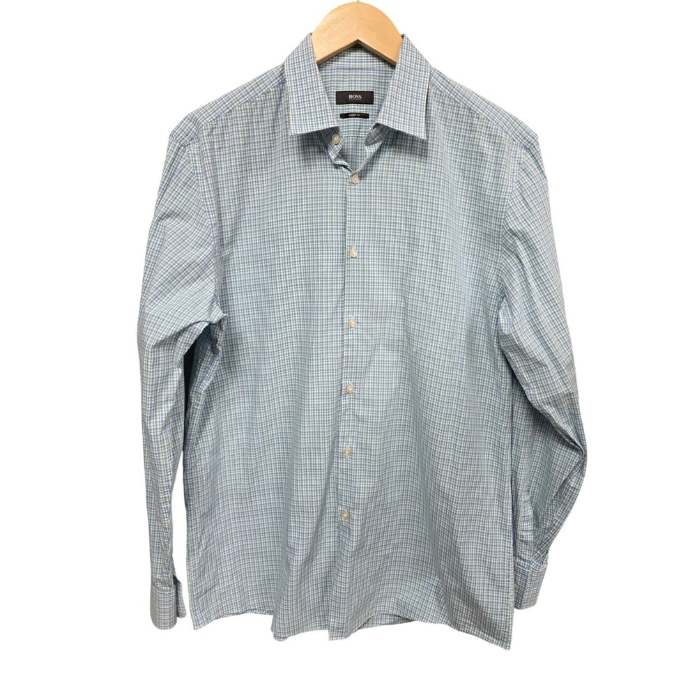 BOSS Button Down Men 16.5 34/35 Green Blue White Sharp Fit Plaid Long Sleeve EUC